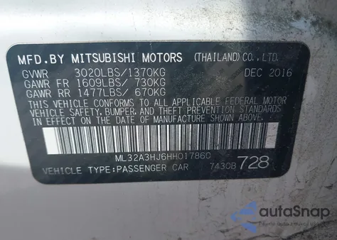 2017 Mitsubishi Mirage Es z USA, uszkodzony, nr VIN ML32A3HJ6HH017860